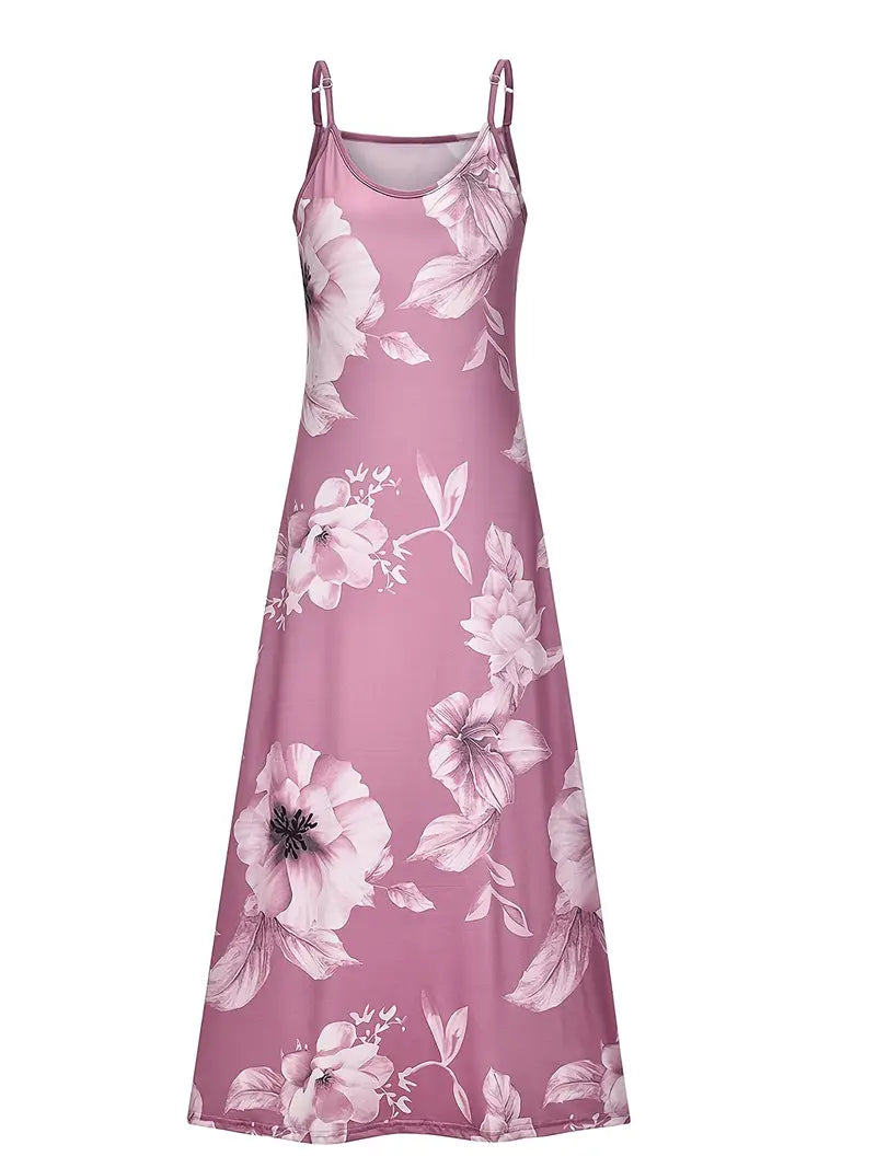 Vestido informal de tirantes finos con cuello redondo y estampado floral hasta el tobillo