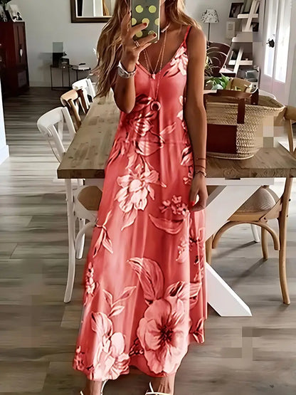 Vestido informal de tirantes finos con cuello redondo y estampado floral hasta el tobillo