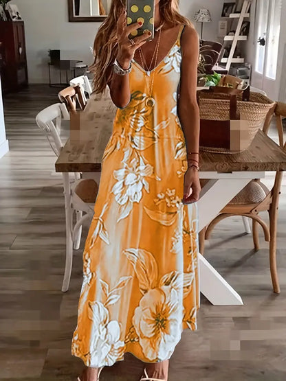 Vestido informal de tirantes finos con cuello redondo y estampado floral hasta el tobillo
