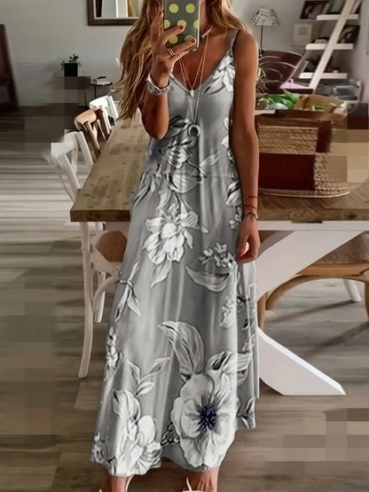 Vestido informal de tirantes finos con cuello redondo y estampado floral hasta el tobillo