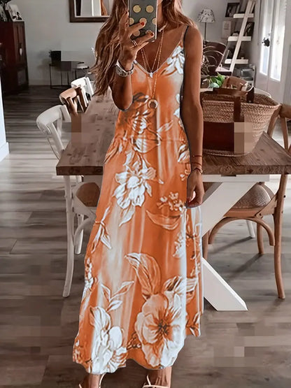 Vestido informal de tirantes finos con cuello redondo y estampado floral hasta el tobillo