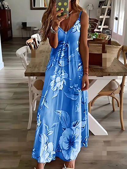 Vestido informal de tirantes finos con cuello redondo y estampado floral hasta el tobillo