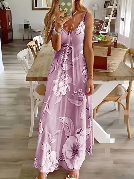 Vestido informal de tirantes finos con cuello redondo y estampado floral hasta el tobillo