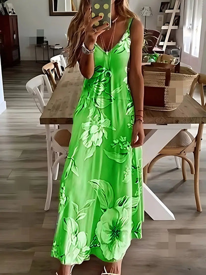 Vestido informal de tirantes finos con cuello redondo y estampado floral hasta el tobillo